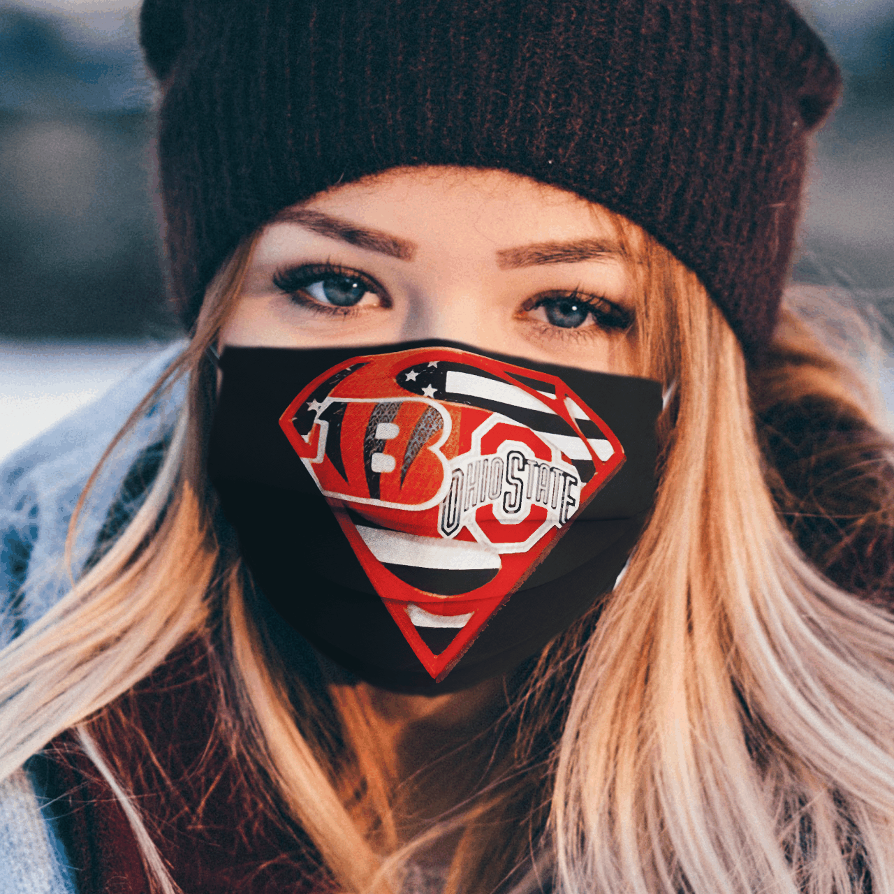 Cincinnati Bengals And Ohio State Buckeyes Diamond American Flag Superman  Face Mask