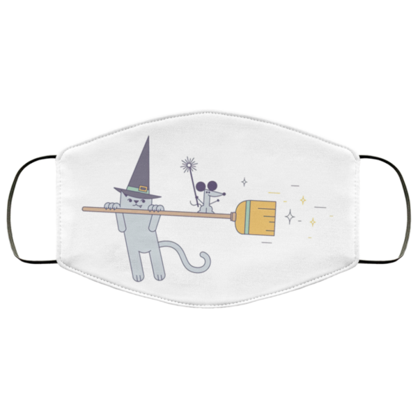 Halloween Cat Witch on a Broom Face Mask