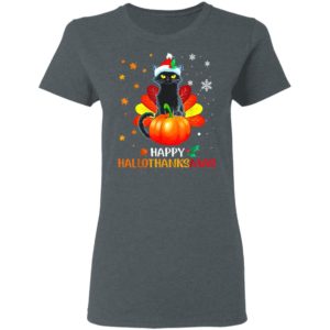 Black Cat Halloween And Merry Christmas Happy Hallothanksmas T-Shirt