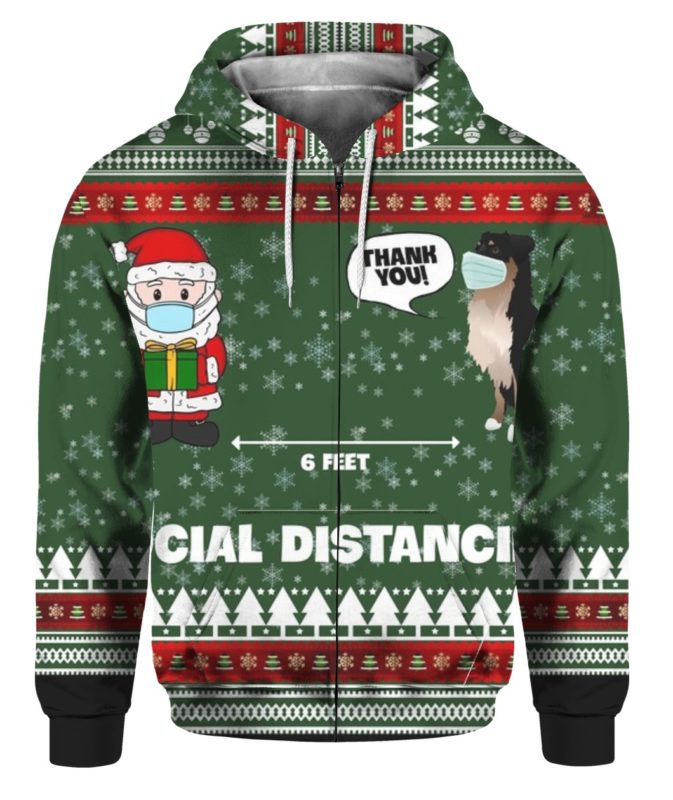 6 Feet Social Distancing Border Collie And Santa Claus 3D Ugly Christmas Sweater