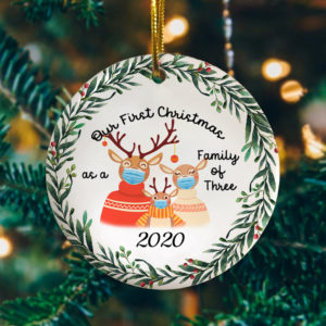 First Christmas Family Of Three Reindeer With Mask Decorative Christmas Ornament – Funny Holiday Gift