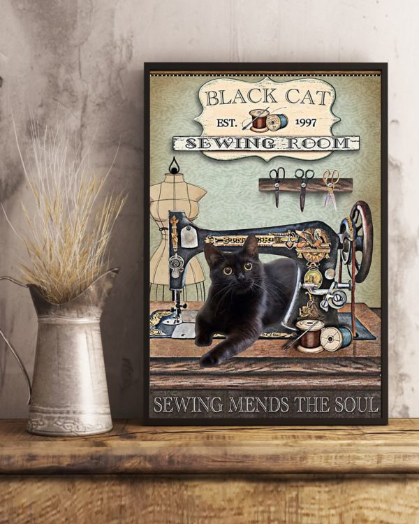 Black Cat Sewing Room Sewing Mends The Soul Vintage Poster, Canvas