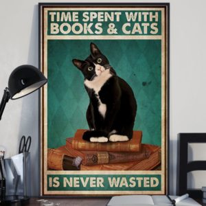 Black Cat Time Spent With Books And Cats Is Never Wasted Vintage Poster, Canvas