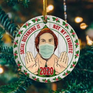 Social Distancing Is Not My Favorite 2020 Funny Elf Wearing Mask Circle Christmas Tree Ornament