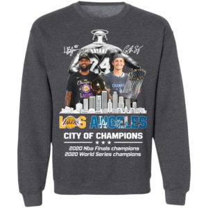 Kobe Bryant LeBron James and Corey Seager Los Angeles Lakers Dodgers City Of Champions 2020 Signatures Shirt