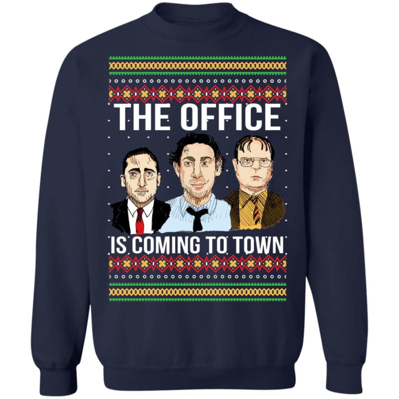 The Offfce Is Coming To Town Michael Scott Jim Halpert Dwight Schrute Ugly Christmas Sweater