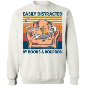 Vintage Skeleton Easily Distracted By Book And Bourbon 2021 Shirt