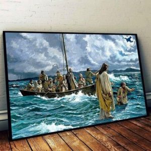 Jesus Christ Gives Hand To Save On Sea Savior God Poster Canvas