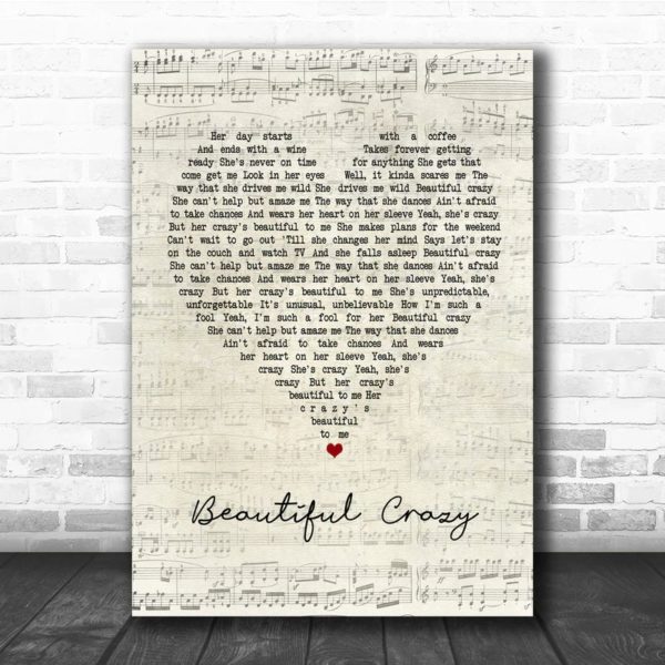 Luke Combs Beautiful Crazy Script Heart Quote Song Lyric Poster Canvas