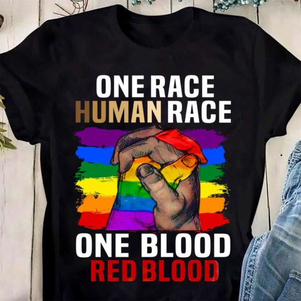 ONE RACE HUMAN RACE ONE BLOOD RED BLOOD HAND GLBT Tee Shirt