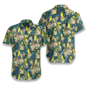 Goldfinches and Apple Blossoms Hawaiian Floral Print Shirts