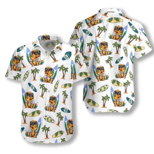 Bulldog Surf And Palm Hawaiian Floral Print Shirts