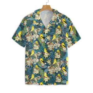 Goldfinches and Apple Blossoms Hawaiian Floral Print Shirts