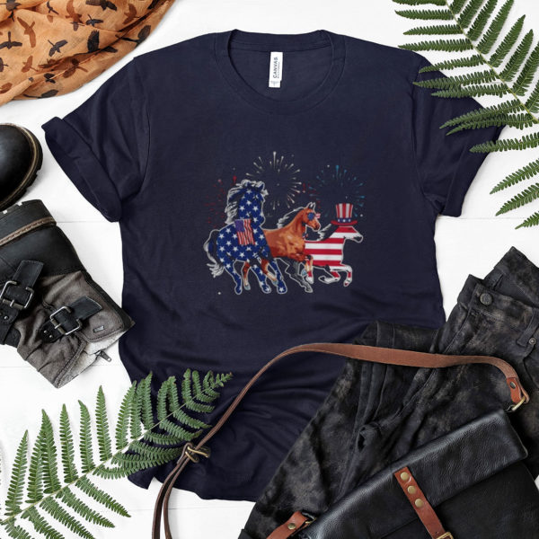 Happy 4th Of July American Flag Red White Horse And Blue Shirt
