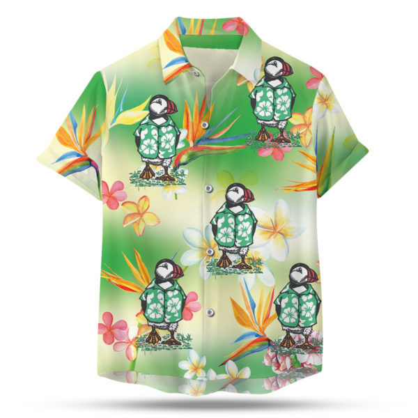 Puffin wearing a hawaiian shirt button up shirt