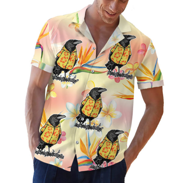 Crow wearing a Hawaiian shirt button up shirt