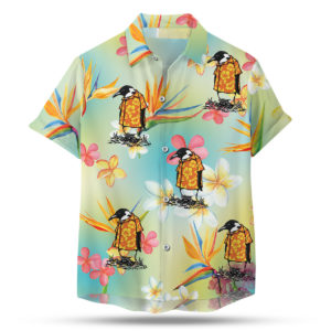 Penguin wearing an orange hawaiian shirt button up shirt