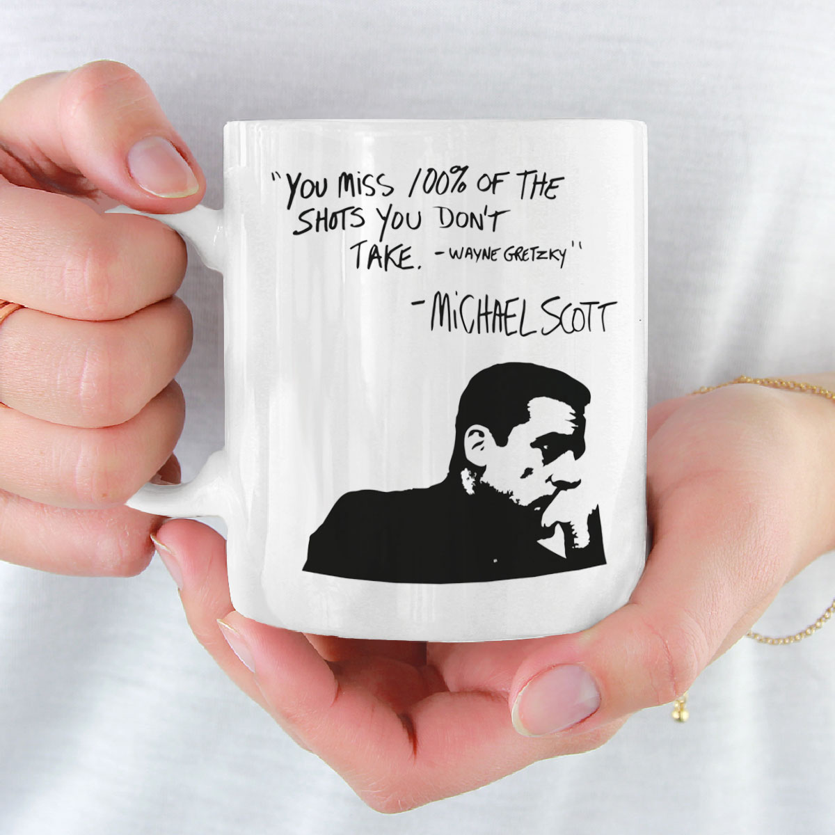 Funny Michael Scott The Office Quote 15oz Deluxe Double-Sided Coffee Tea Mug Artisan Owl You Miss 100% of the Shots You Dont Take White/Black Inlay