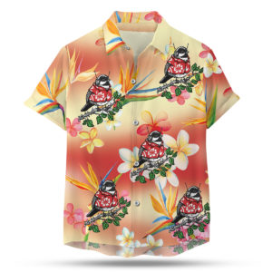 Chickadee in a hawaiian shirt button up shirt
