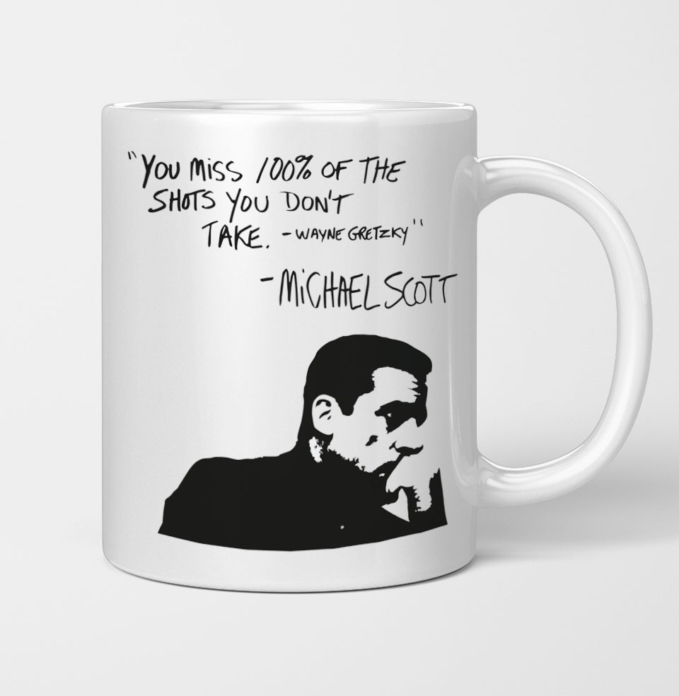 Funny Michael Scott The Office Quote 15oz Deluxe Double-Sided Coffee Tea Mug Artisan Owl You Miss 100% of the Shots You Dont Take White/Black Inlay
