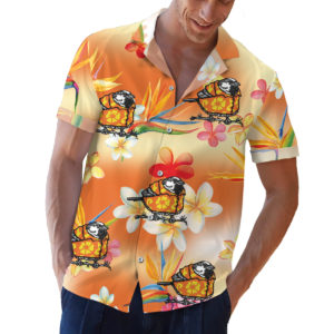 Sparrow wearing an orange hawaiian shirt button up shirt
