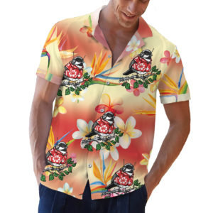 Chickadee in a hawaiian shirt button up shirt