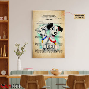 101 Dalmatians Pongo and Perdita over Dalmatian Plantation Sheet Music Poster Canvas