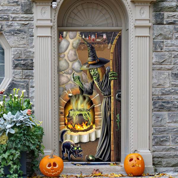 Black Cat Witch Brew Halloween Door Cover Decorations for Front Door