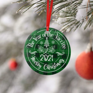 Christmas The Year of the Vaccine 2021 Plaid Ceram Round Ornament