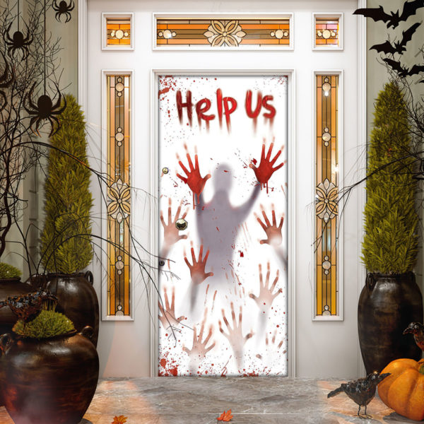 Horror Help Us Halloween Door Cover Decorations for Front Door