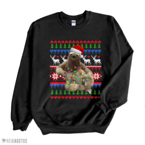 Black Sweatshirt Santa Sloth Christmas Light Sloth Ugly Christmas Sweatshirt