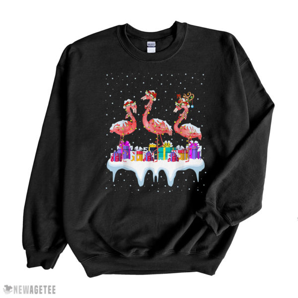 Black Sweatshirt Santa Snowman Flamingo Merry Christmas T Shirt