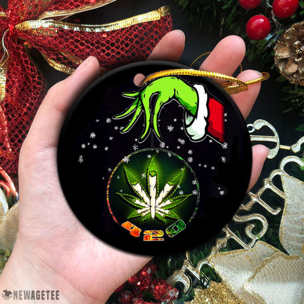 Grinch Santa Hand Holding Cannabis Marijuana Weed 420 Christmas Ornament
