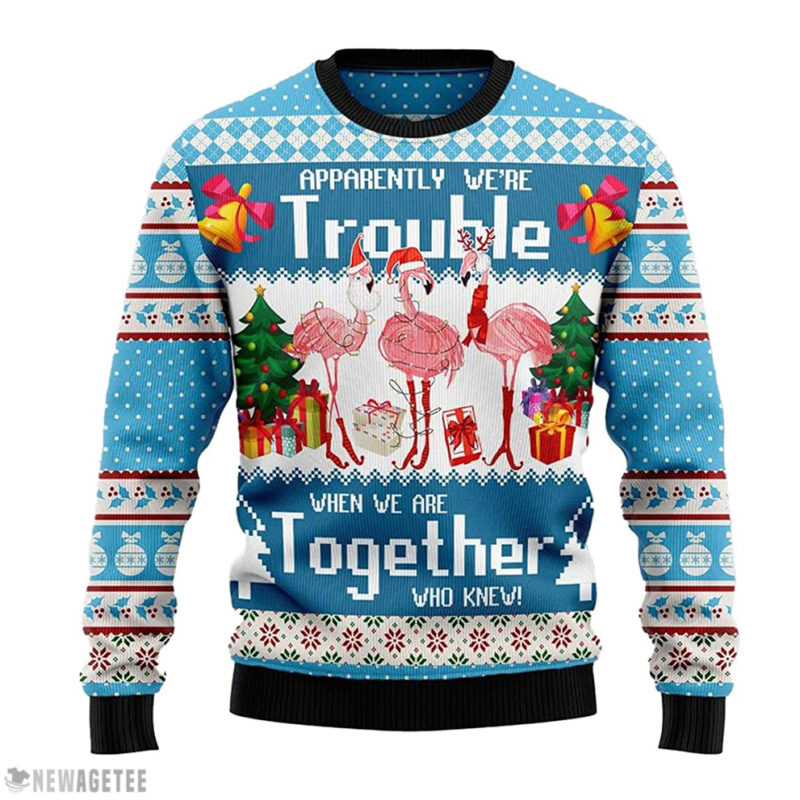 Flamingo Apparently We’re Trouble When We are Together Who Knew Ugly Christmas Wool Sweater