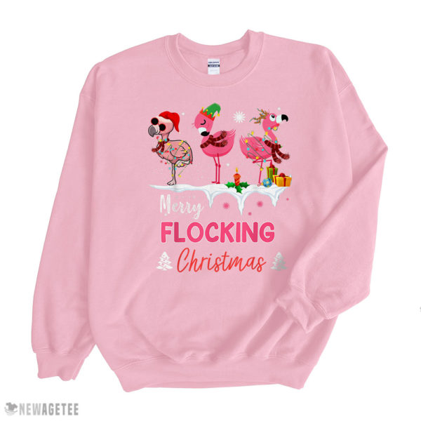 Light Pink Sweatshirt Merry Flocking Christmas Three Flamingo Pink In Santa Hat T Shirt