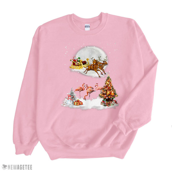 Light Pink Sweatshirt Santa Riding Reindeer Flamingo Christmas T Shirt