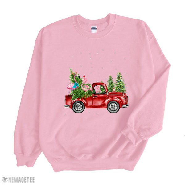 Light Pink Sweatshirt Three Flamingo Ride Red Truck Santa Hat Christmas T Shirt