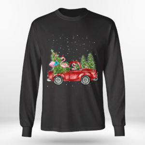 Longsleeve shirt Three Flamingo Ride Red Truck Santa Hat Christmas T Shirt