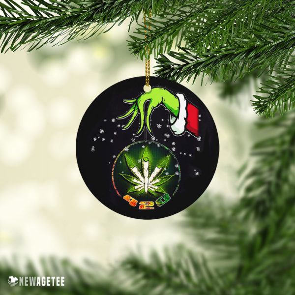 Grinch Santa Hand Holding Cannabis Marijuana Weed 420 Christmas Ornament