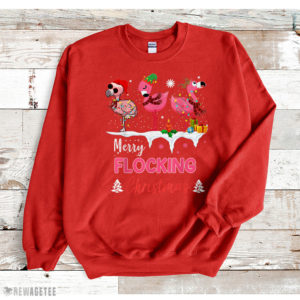 Red Sweatshirt Merry Flocking Christmas Three Flamingo Pink In Santa Hat T Shirt