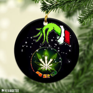 Round Ornament Grinch Santa Hand Holding Cannabis Marijuana Weed 420 Christmas Ornament