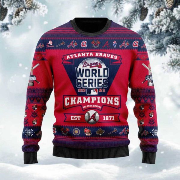 Atlanta Braves 2021 World Series Trophy Ugly Christmas Sweater Unisex Knit Wool Ugly Sweater 1