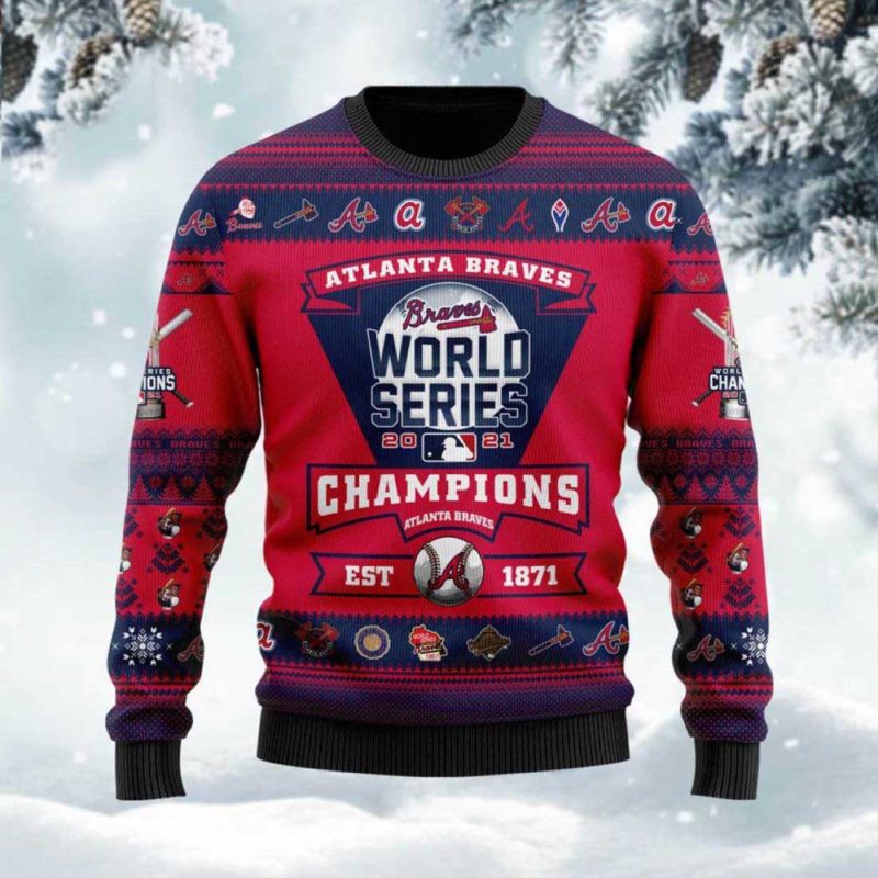 Atlanta Braves 2021 World Series Trophy Ugly Christmas Sweater Unisex Knit Wool Ugly Sweater