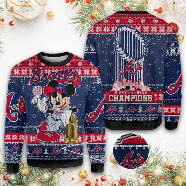 Atlanta Braves Mickey Mouse World Series Champions 2021 Knit Ugly Christmas Sweater