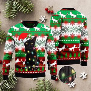 Black Cat Light Ugly Christmas Sweater Knit Wool Sweater 1
