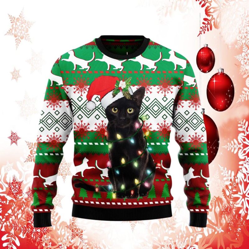 Black Cat Light Ugly Christmas Sweater Knit Wool Sweater