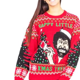Bob Ross Happy Little Xmas Trees Ugly Christmas Sweater Knit Wool Sweater 1