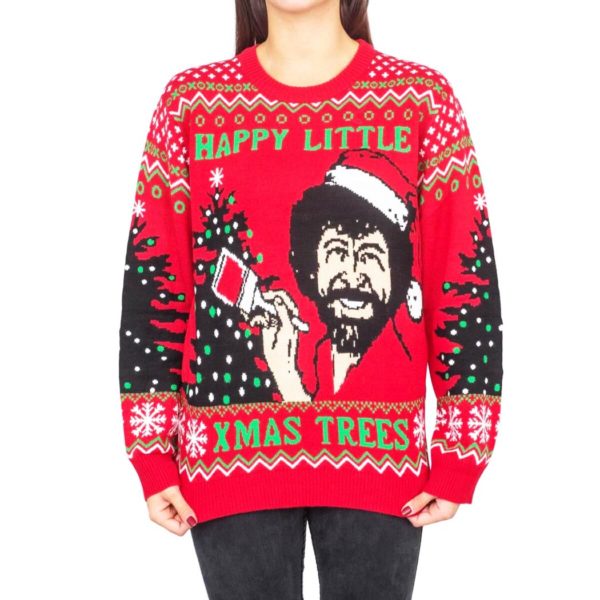 Bob Ross Happy Little Xmas Trees Ugly Christmas Sweater Knit Wool Sweater