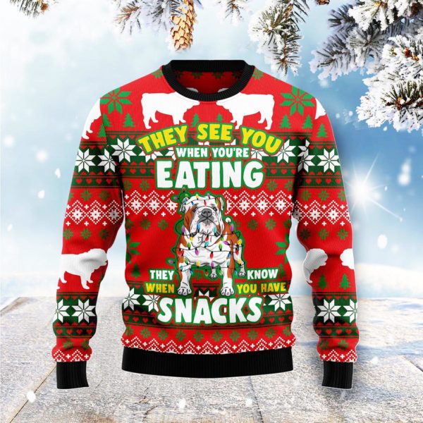 Bulldog Snacks Christmas Light Dog Lover Ugly Christmas Sweater Unisex Knit Wool Ugly Sweater