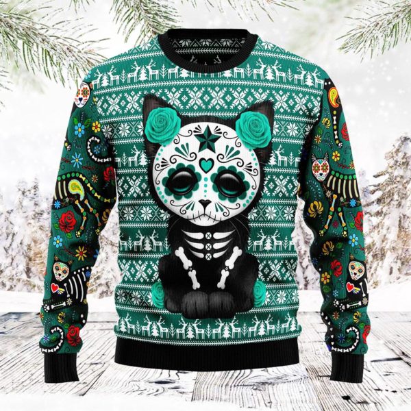 Cat Sugar Skull Mom Lover Ugly Christmas Sweater Unisex Knit Wool Ugly Sweater